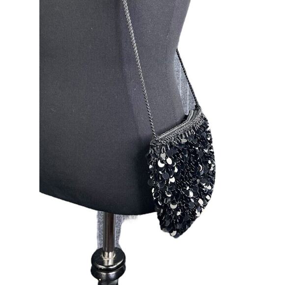 Vintage Black Sequin & Beaded Bag Evening Purse Strap Crossbody Zip Close EUC - Picture 2 of 9